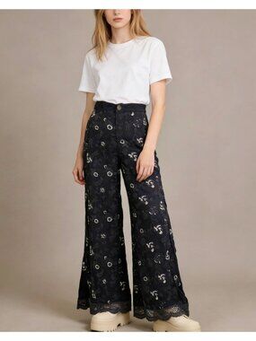 NWOT Johnny Was Wide Leg Embroidered Floral Pants Black Elastic Waist Size S
